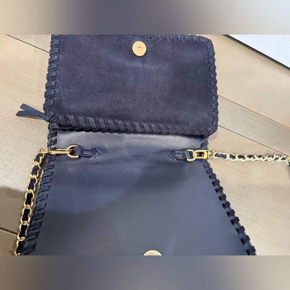 Tory Burch Marion Suede Crossbody Clutch Navy Blue Gold Chain Whipstitch Bag - Picture 6 of 12